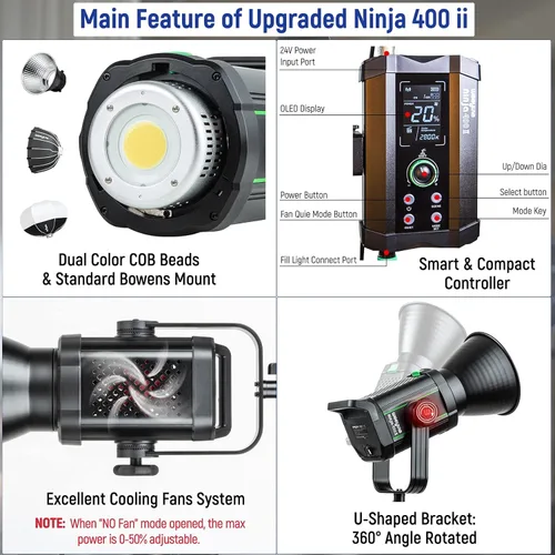 Miniatura 4 de Weeylite Ninja 400 II - Luz LED de video continua, 150 W, 2800-6800 K, montaje Bowens bicolor, iluminación continua, control de aplicación, luces