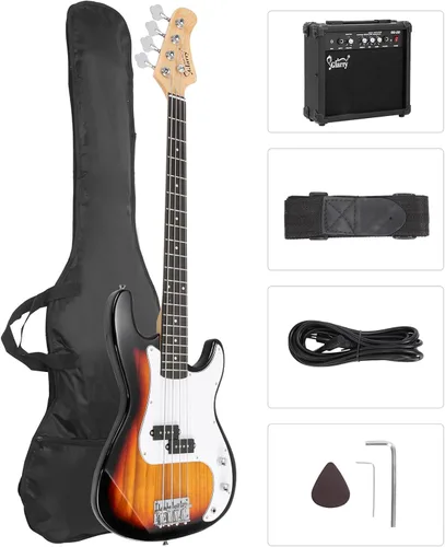Miniatura 8 de GLARRY Kit para principiantes de bajo eléctrico de tamaño completo, 4 cuerdas, exquisito bajo de tilo con amplificador de 20 W, cable, correa, bolsa