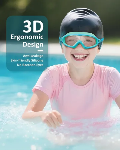 Miniatura 6 de Gafas de natación para niños, antivaho, protección UV y amplia vista & gorro de natación para niños de 3 a 15 años, niños y niñas, bebés azul y verde