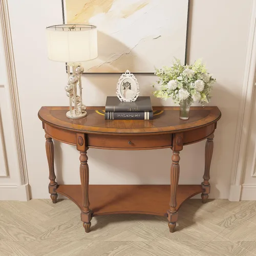 Miniatura 5 de Mesa de entrada de madera maciza con cajón, mesa de sofá semicírculo con estante de almacenamiento, tallas laterales de media luna, elegante mesa