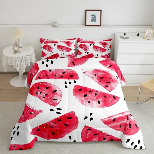 Feelyou Juego de edredón de sandía, tamaño individual, juego de ropa de cama de frutas frescas de verano para niños, decoración de frutas rojas, 1
