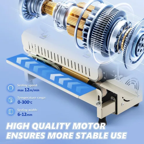 Miniatura 5 de Máquina selladora térmica comercial, sellador automático de banda continua, temperatura y velocidad ajustable, máquina de sellado horizontal de Beige