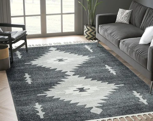 Abani Southwest - Alfombra de área gris neutro, diseño tribal de diamante de 6 x 9 pies, alfombra para sala de estar con borlas