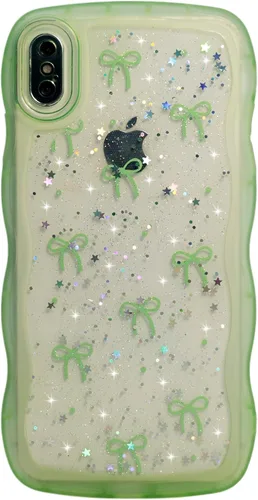 Miniatura 39 de Qokey Funda para iPhone 12 Pro Max de 6.7 pulgadas, diseño de onda rizada, borde transparente, brillante con purpurina, estrella brillante, bonita