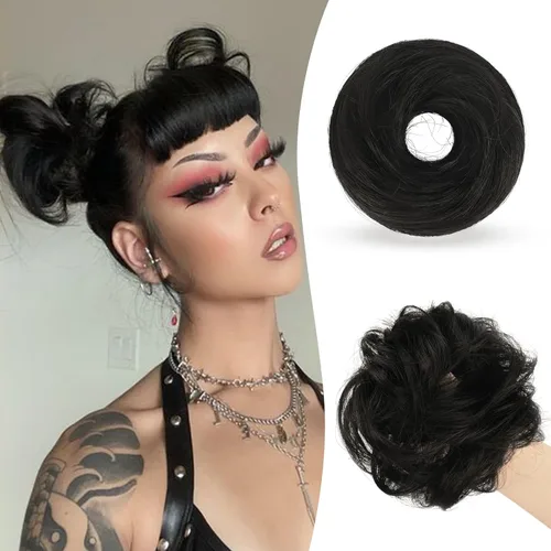 SOFEIYAN 2 piezas de extensión de moño desordenado, ondulado, rizado, mini moño desordenado, coleteros de pelo sintético con dona, accesorio de