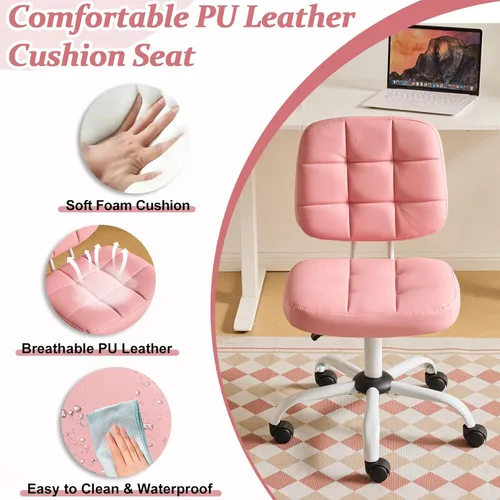Miniatura 4 de VINGLI Silla de escritorio compacta y pequeña, linda silla sin brazos con ruedas, silla de tocador con respaldo bajo, silla de tarea ajustable