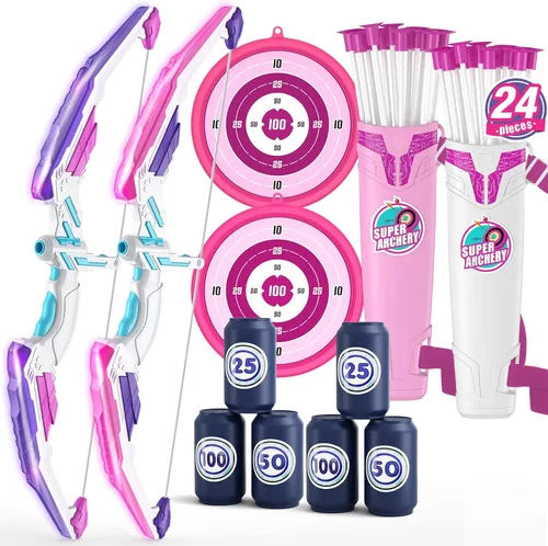 Miniatura 10 de HYES Arco y flecha para niños, juego de tiro con arco con luz LED con 12 flechas de ventosa, 1 objetivo para colgar, 3 objetivos de puntuación y 1