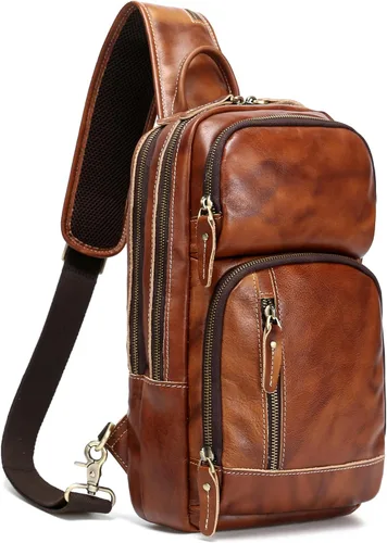 LANNSYNE Bolso bandolera de cuero de grano completo para hombre, mochila cruzada para el pecho para iPad de 10.5 pulgadas
