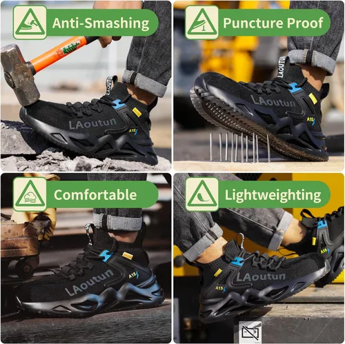 Miniatura 7 de LAoutun Zapatos con punta de acero para hombre, zapatos de trabajo, zapatos de seguridad, cómodos, ligeros, a prueba de pinchazos, zapatos