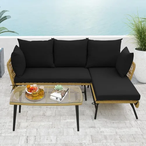 Miniatura 2 de Tangkula Juego de muebles de mimbre para exteriores, sofá de patio en forma de L de 3 piezas con cojines y mesa de vidrio templado, marco de metal