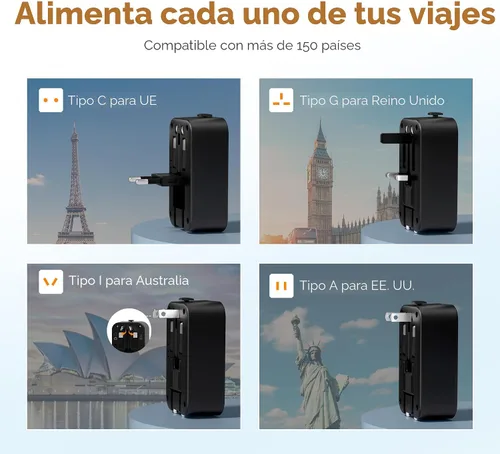 Miniatura 2 de TESSAN Adaptador de viaje 009, PD 20 W, adaptador de corriente universal 2 USB C 1 USB A, adaptador de enchufe internacional ultrafino, salida Negro