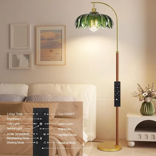 Miniatura 6 de Lámparas de pie de madera para sala de estar, lámpara de pie dorada con control remoto y pantalla de cristal, lámpara de arco de flores, lámpara
