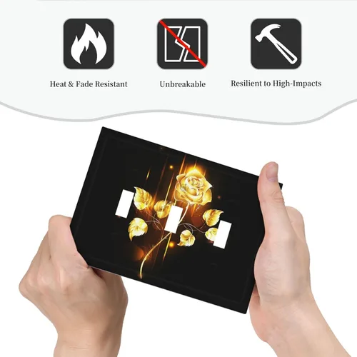 Miniatura 5 de Cubiertas de placa de pared de 3 gang con interruptor de luz de triple palanca, en negro y dorado con esplendor de oro rosa, estampado floral