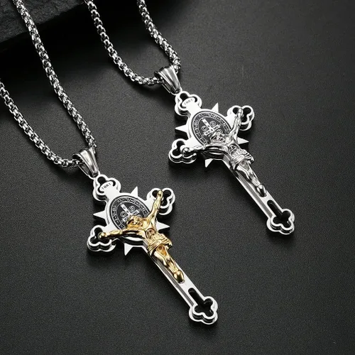 Miniatura 4 de Collar con colgante de cruz de oración del Señor de acero inoxidable con crucifijo de Jesucristo y versículo bíblico para hombresniñosmujeres