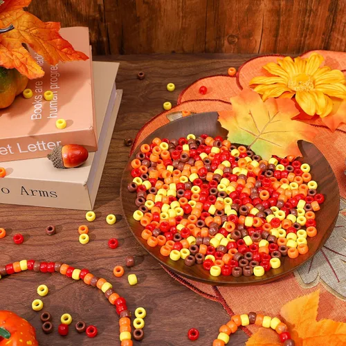 Miniatura 5 de Whaline 1000 cuentas de poni de otoño, 4 colores mezclados, cuentas de plástico para manualidades, rojo, amarillo, naranja, marrón, cuentas