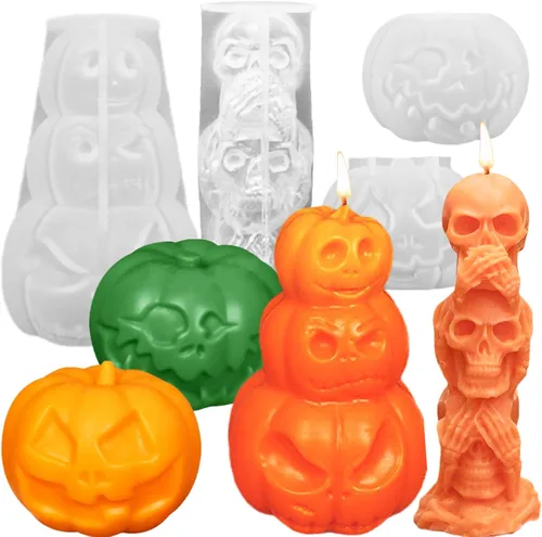 Miniatura 8 de 2 moldes de silicona para velas de Halloween, bricolaje 3D de calabaza malvada, molde de cera para hacer velas de yeso, adorno de resina, jabón, 2