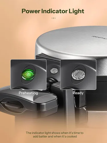 Miniatura 6 de Máquina para hacer gofres, plancha redonda clásica belga para gofres con diseño giratorio de 180°, placas antiadherentes y mango de tacto frío