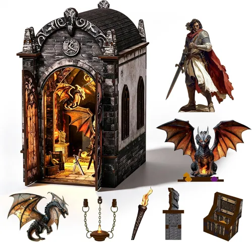 Miniatura 7 de Rompecabezas de madera 3D para adultos, casa de muñecas en miniatura, kit de rincón de libros, kit de modelo LED integrado, regalos para adultos