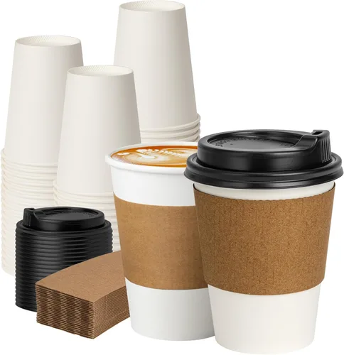 Miniatura 14 de RACETOP Tazas de café de papel de 12 onzas, paquete de 100 tazas de café desechables negras con tapas, tazas de papel caliente con tapas, taza