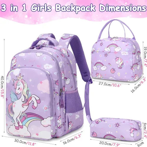 Miniatura 27 de Juego de mochila para niñas y adolescentes, mochila escolar para niños con bolsa para el almuerzo, estuche para lápices, mochilas escolares