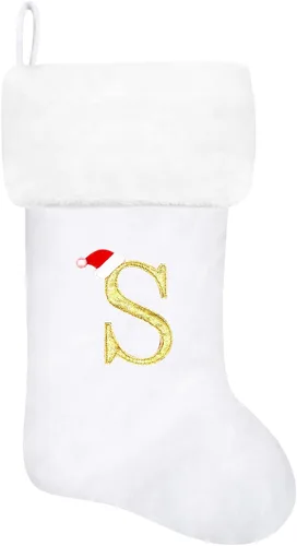 Miniatura 121 de Calcetines de Navidad bordados de 20 pulgadas con monograma, terciopelo negro con puño de felpa blanca supersuave, adornos clásicos para decoración
