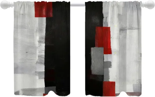 Miniatura 12 de Shrahala Beige and Orange Abstract Art Brushstrokes Blackout Curtain Tiers, Abstract Oil Paint Kitchen Valance Light Blocking Tier Drapes with Rod
