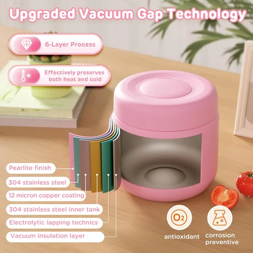 Miniatura 2 de JSCARES Frascos de Comida Aislados para Niños de 12oz para Comida Caliente, Frasco Térmico de Comida de Sopa de Boca Ancha Contenedor Térmico de Rosa