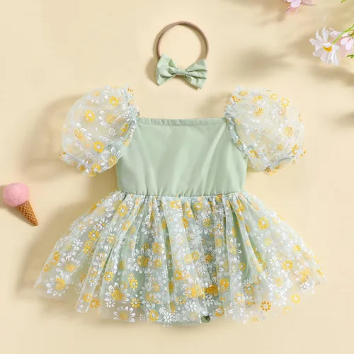 Miniatura 2 de IDOPIP Conjunto de 2 piezas para bebé recién nacido, con diadema, bordado de flores, tutú, princesa, fiesta de cumpleaños, conjunto de ropa