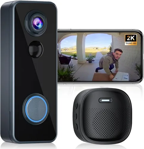 Timbre de puerta inalámbrico, video de la cabeza a los pies, no requiere suscripción, vista en vivo HD 2K, conversación bidireccional, timbre de