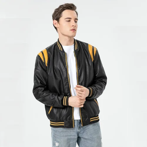 Miniatura 3 de chuida Chaqueta Bomber de Motocicleta de Cuero Sintético PU para Hombre, Cuello de Pie, Forro Polar, Resistente al Viento, Ligera, Abrigos