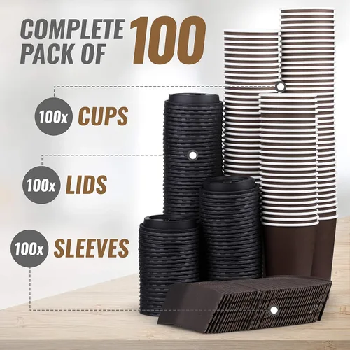 Miniatura 4 de Promora Tazas de café café desechables de 16 onzas con tapas y mangas, tazas de papel prémium (paquete de 100)