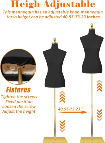 Miniatura 4 de Maniquí de maniquí femenino con soporte de metal y base rectangular, altura del cuerpo del maniquí de 40.55 a 73.23 pulgadas, altura ajustable