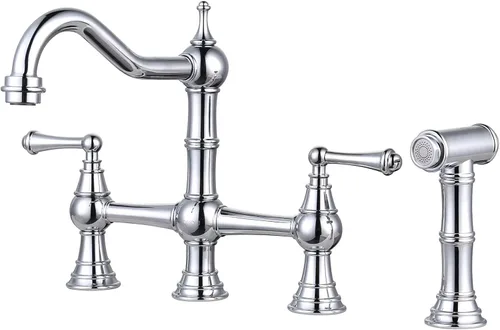 Miniatura 12 de Grifo de Cocina de Puente con Rociador Lateral, WOWOW Grifo de Cocina de Latón Macizo para Fregadero de 4 Agujeros Bronce Antiguo Grifo de Fregadero