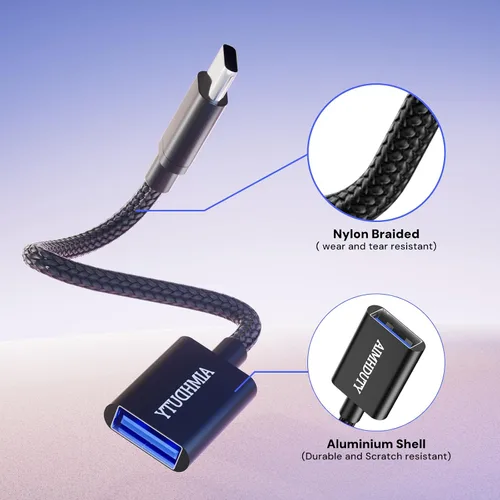 Miniatura 3 de Paquete de 2 adaptadores USB C a USB, cable USB C macho a USB hembra OTG, trenzado de nailon, carcasa de aluminio, compatible con iPhone 17, 16, 15