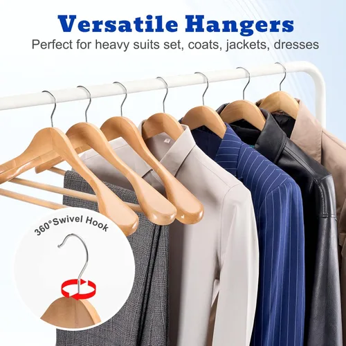 Miniatura 6 de HOUSE DAY Perchas de madera con hombros anchos, perchas para trajes con barra antideslizante para pantalones, acabado liso, gancho giratorio