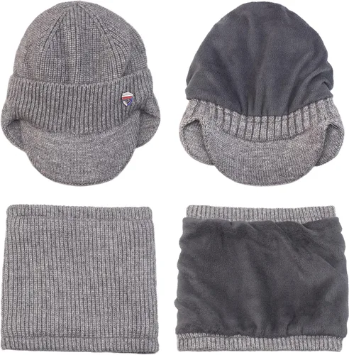 Miniatura 4 de Muryobao Gorro de invierno para hombre, con visera de punto, con forro polar y calentador de cuello