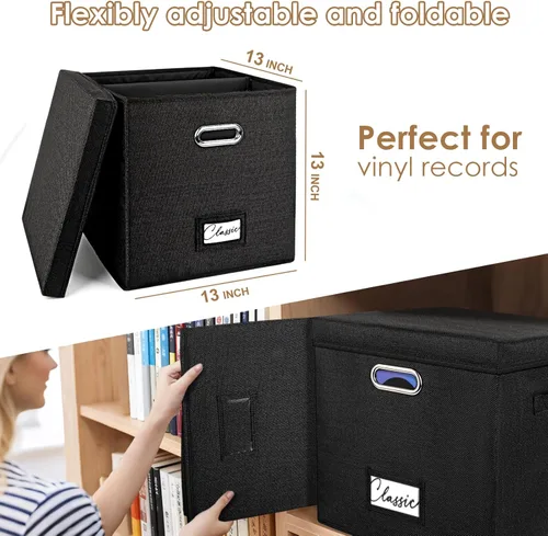 Miniatura 2 de Juego de 2 cajas de almacenamiento de discos de vinilo, para más de 100 LPs individuales (12 pulgadas), caja apilable de lino con tapa, soporte