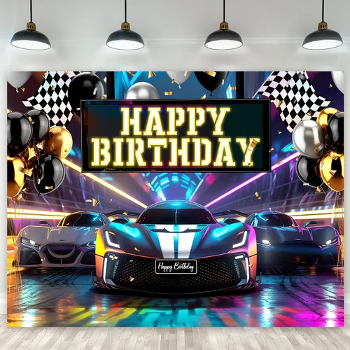 Miniatura 10 de Riyidecor Telón de fondo de feliz cumpleaños de coche de carreras, bandera de cuadros negros y blancos de neón de 5 pulgadas de ancho x 3 pies