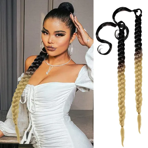 Miniatura 8 de 2 paquetes de 16 pulgadas de extensión de cola de caballo trenzada larga negra para mujeres negras con banda elástica, trenzado recto, extensiones