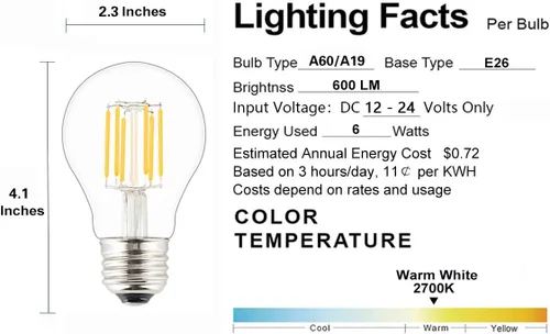 Miniatura 3 de Bombilla LED de entrada de bajo voltaje de 12 V-24 V, estilo clásico A19 (A60), 6 W 600 lm, regulable con atenuador PWM de 12 V CC, lámpara de base