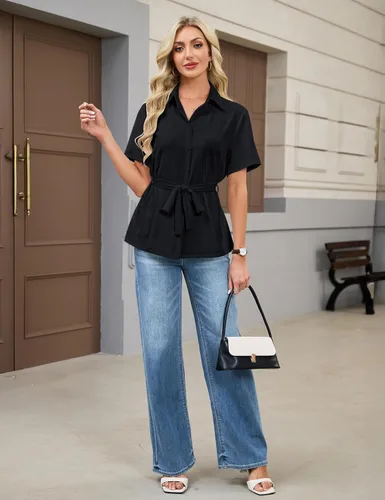Miniatura 9 de Blooming Jelly Camisa con botones para mujer, cuello con lazo, manga corta, casual, para negocios, blusa de trabajo a la moda de verano