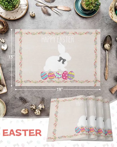 Miniatura 7 de Juego de 4 manteles individuales con diseño de conejo de Pascua para decoración de mesa de Pascua, huevos de Pascua para bodas, fiestas, cocina