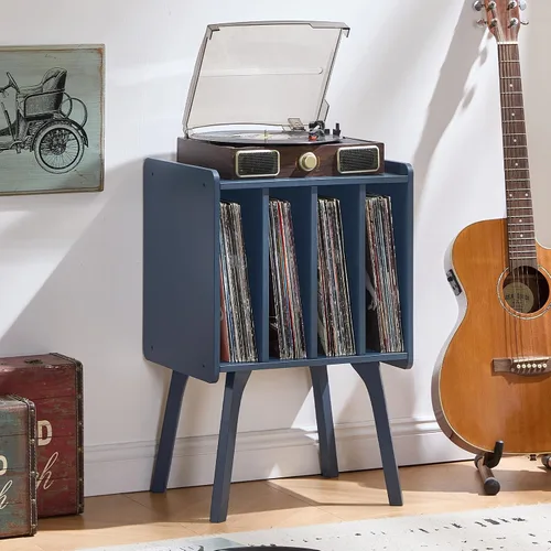 Miniatura 7 de LELELINKY Soporte para tocadiscos, mesa de almacenamiento de discos de vinilo con 4 gabinetes de hasta 100 álbumes, soporte para tocadiscos moderno