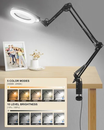 Miniatura 3 de Lupa 10X y 5X con luz LED, brazo oscilante ultra largo, 5 colores y 10 de brillo, lente de cristal real, lámpara de aumento grande para Blanco