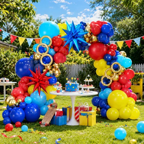 Miniatura 6 de Kit de arco de globos rojo, azul y amarillo, guirnalda de globos con temática de juegos de dibujos animados con globos de aluminio de estrella Rojo