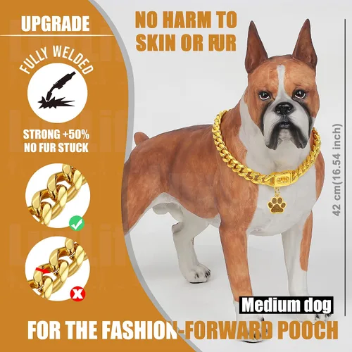 Miniatura 7 de Collares de Cadena de Perro de Oro LuxLife Collar de Perro de Oro 10mm Collar de Perro de Oro de Eslabones Cubanos de Acero Inoxidable Collar