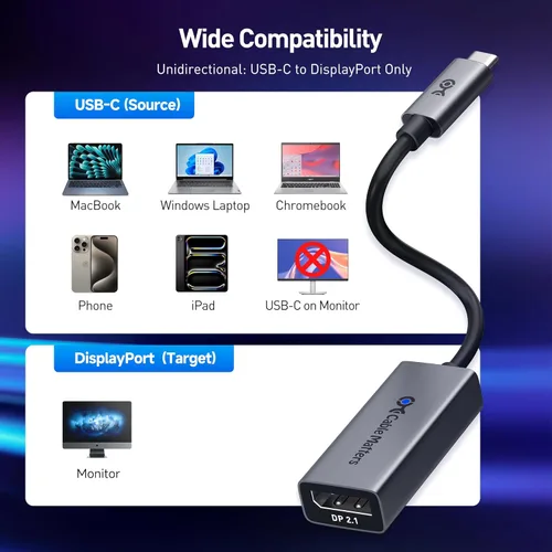 Miniatura 6 de Cable Matters Adaptador unidireccional USB C a DisplayPort 2.1 de 80 Gbps, [16K @60Hz, 8K @240Hz, 4K @960Hz y HDR], Thunderbolt 5/4, USB4 compatible