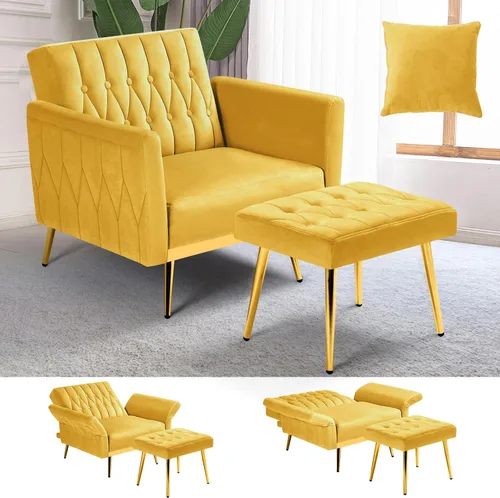 Miniatura 16 de Silla de terciopelo Accent con apoyabrazos y respaldo ajustables, sillón de ocio con botones acolchados, sillón reclinable individual con otomano