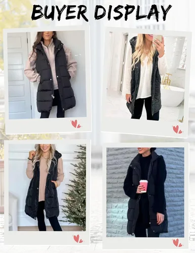 Miniatura 4 de Gihuo Chaleco largo acolchado de invierno para mujer, con capucha, sin mangas, con cremallera, chaleco largo