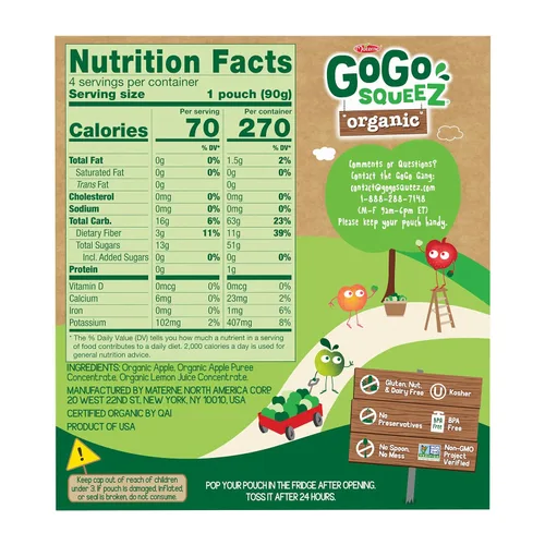 Miniatura 2 de GoGo squeeZ Puré de manzana orgánico y puré de fruta sin azúcar añadido, manzana manzana, bolsas de 3.2 onzas (paquete de 48), aperitivos de frutas